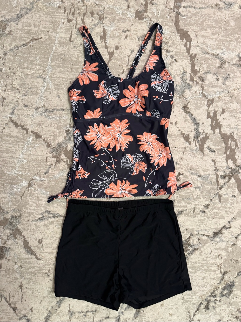 Floral Tankini Swim Top and Swim Shorts - Black with Coral Flowers. Women’s XL.
